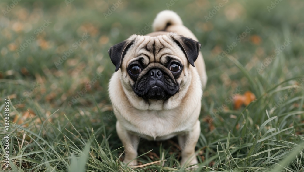 Pug dog standing on green grass in a natural outdoor setting looking directly at the camera Pug dog standing on green grass in a natural outdoor setting looking directly at the camera