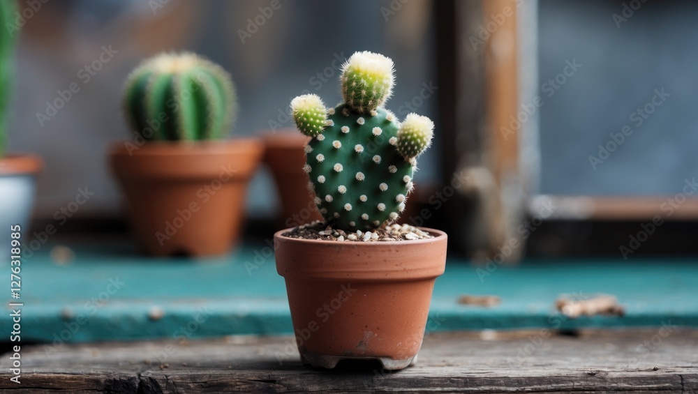 Cactus in terracotta pot with green background and wooden surface showing other cacti in the background and natural light setting Cactus in terracotta pot with green background and wooden surface showing other cacti in the background and natural light setting