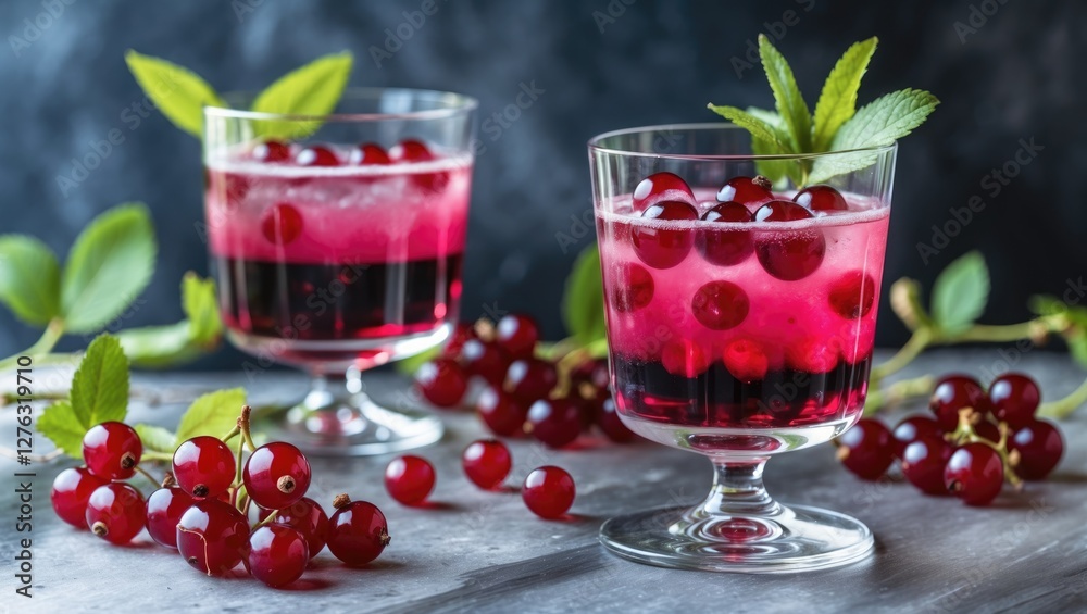 Cranberry drinks in clear glasses garnished with mint leaves surrounded by fresh cranberries on a textured surface Cranberry drinks in clear glasses garnished with mint leaves surrounded by fresh cranberries on a textured surface