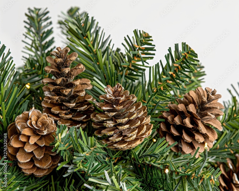 Fototapeta premium Festive holiday evergreen arrangement with pinecones, used for decoration and seasonal cheer