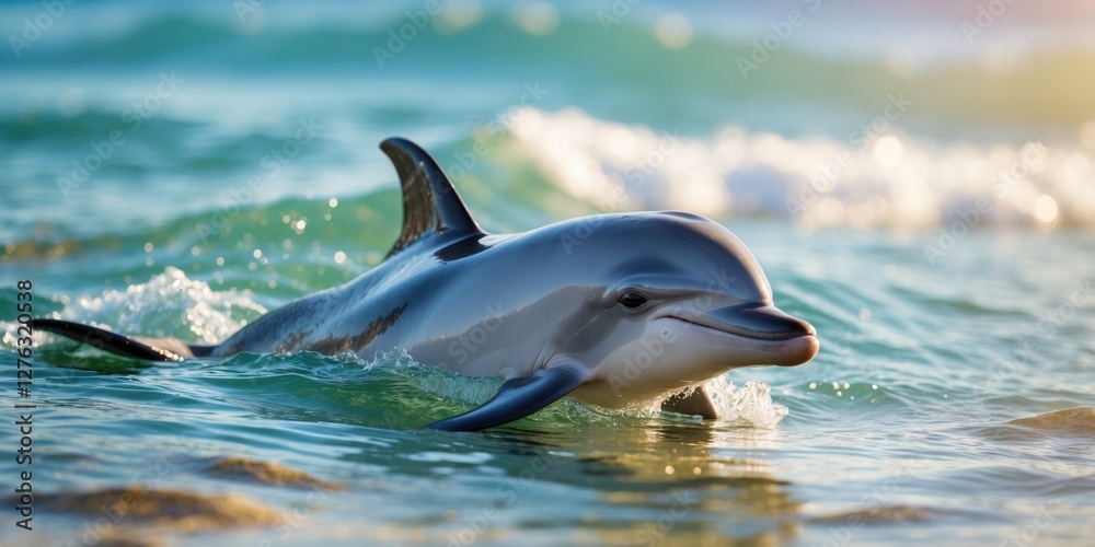 Obraz premium Dolphin swimming in clear blue ocean water with gentle waves and sunlight reflection on the surface