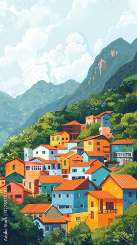 A painting of a mountain village with houses in various colors