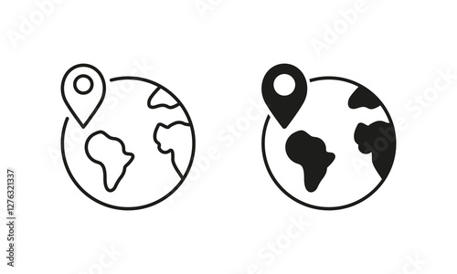 Global Delivery Icon. Planet Earth with Location Pin Line and Silhouette Icon Set. Editable Stroke. Isolated Vector Illustration