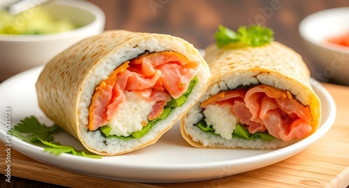 Tuna tortillia wrap with avocado and seasoning, restaurant and fast food menu food photo