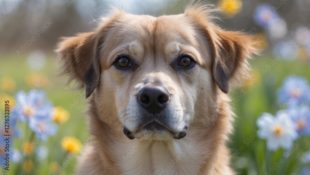 Portrait of a golden retriever mix dog with expressive eyes sitting in a colorful flower field during daylight. Portrait of a golden retriever mix dog with expressive eyes sitting in a colorful flower field during daylight.