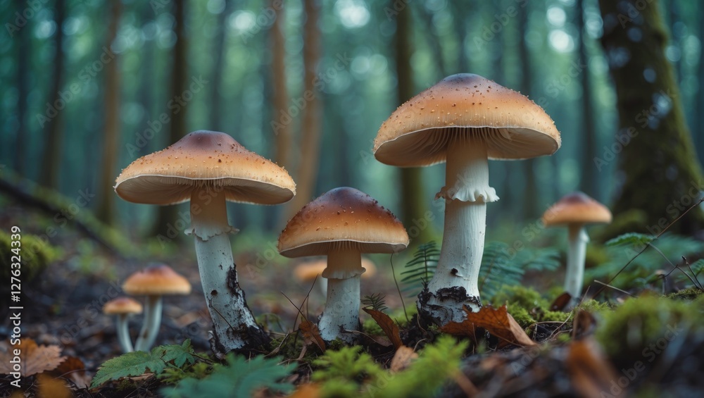 Mushrooms with brown caps and white stems growing in dense green forest with moss and leaf litter in autumn setting Mushrooms with brown caps and white stems growing in dense green forest with moss and leaf litter in autumn setting