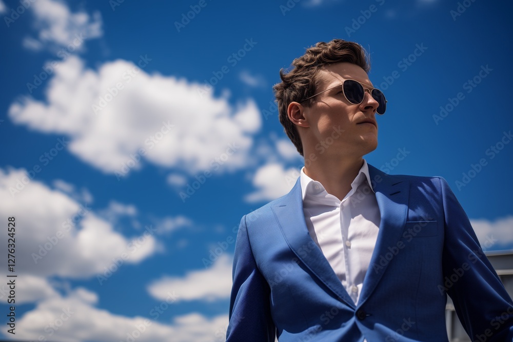 Businessman in cobalt blue suit, clear blue sky, white fluffy clouds Businessman in cobalt blue suit, clear blue sky, white fluffy clouds