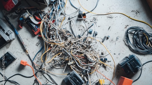 Damaged cables scattered across a workshop floor. Featuring broken insulation, exposed wires, and frayed edges