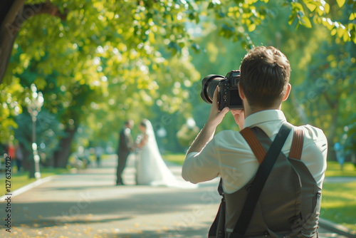 A wedding photographer takes pictures of newlyweds in the garden in summer.