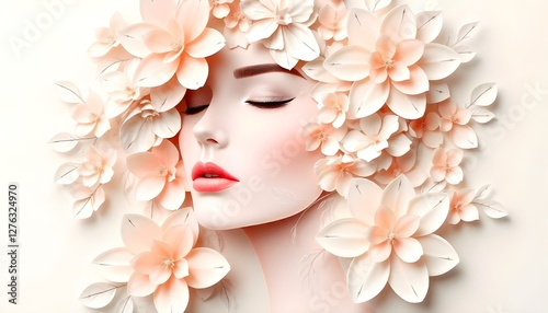 International Women's Day, An elegant illustration showcasing a woman's face surrounded by delicately layered flowers in a paper-cut style