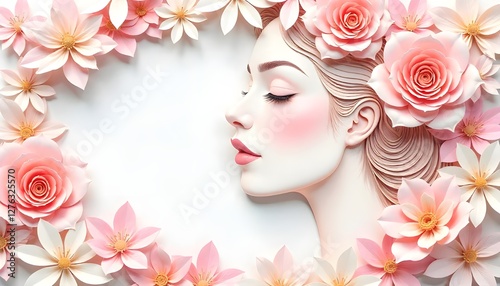 International Women's Day, An elegant illustration showcasing a woman's face surrounded by delicately layered flowers in a paper-cut style