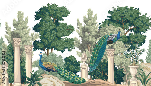 Park trees, peacock bird, classic column, plants, stone seamless border. Botanical landscape mural.