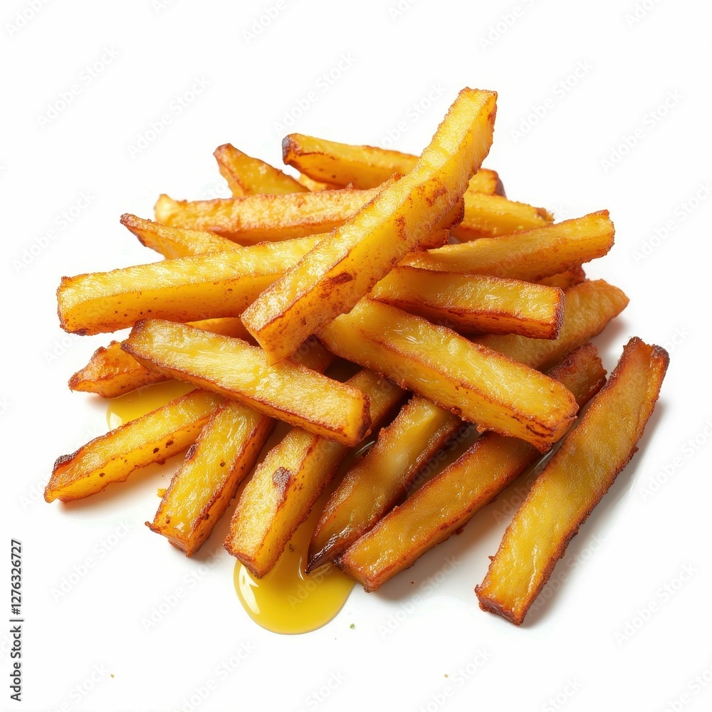Pile of Golden French Fries with Drizzle of Oil on White Surface Delicious and Appetizing Pile of Golden French Fries with Drizzle of Oil on White Surface Delicious and Appetizing