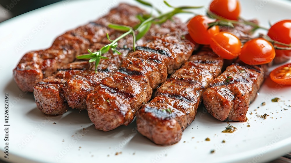 Grilled beef skewers with cherry tomatoes on a plate and fresh rosemary garnish Grilled beef skewers with cherry tomatoes on a plate and fresh rosemary garnish