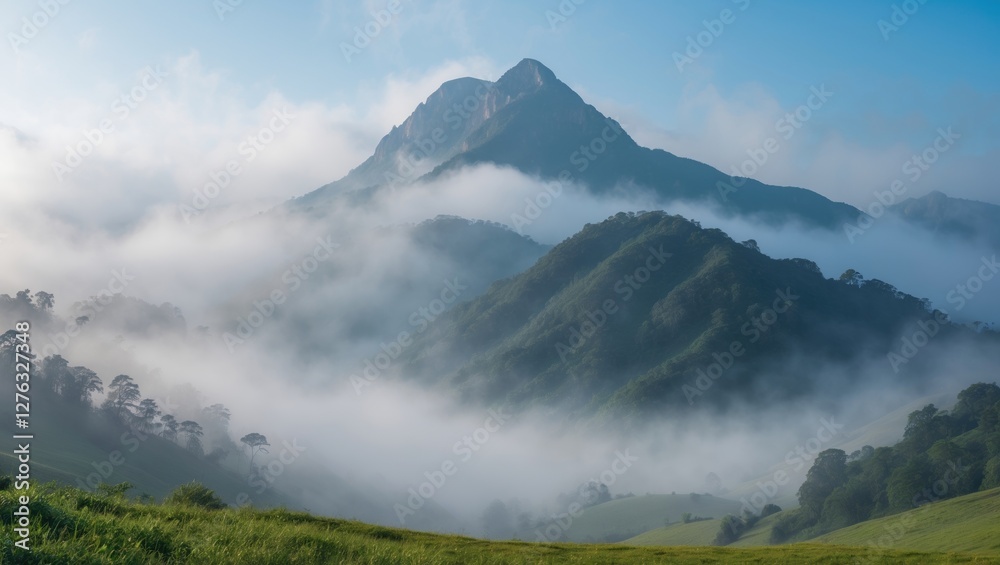 Mountain landscape with mist enveloping hills under a clear blue sky during early morning light. Natural scenery with green grass and trees.