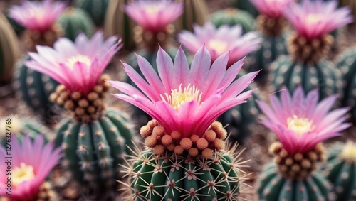 Cacti with vibrant pink and lavender flowers in a natural setting showcasing intricate details and textures of the plants. photo