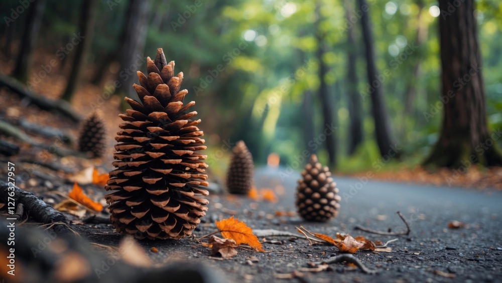 Pine cones scattered along a forest path surrounded by autumn foliage with soft focus on trees in the background Pine cones scattered along a forest path surrounded by autumn foliage with soft focus on trees in the background