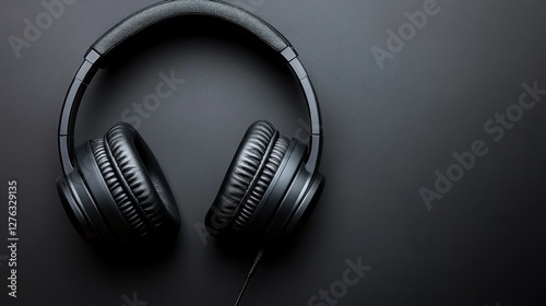 Black headphones on dark surface, minimalist studio shot