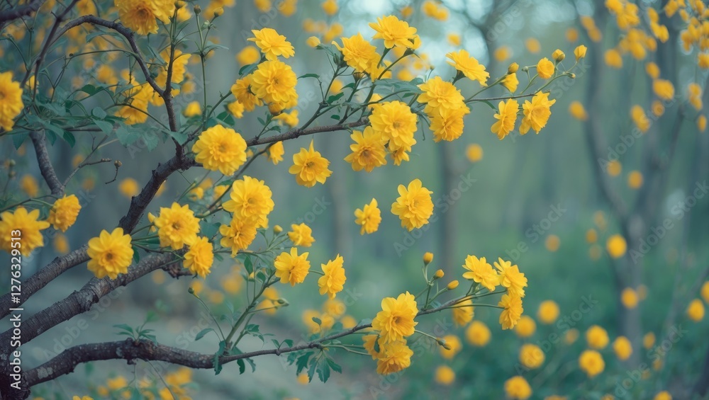 Yellow flowering branches in a garden with soft-focus background and bokeh effect capturing natural beauty of blooming flowers. Yellow flowering branches in a garden with soft-focus background and bokeh effect capturing natural beauty of blooming flowers.