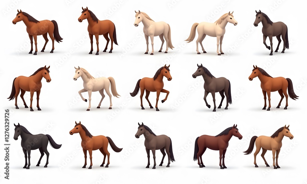 Obraz premium Colorful side-view cartoon horses in toy-like style on white background