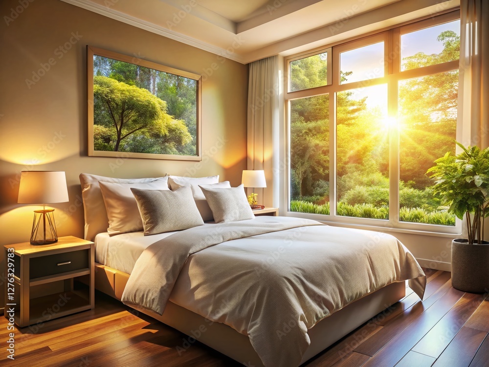 Serene Bedroom: White Bed Linen in Sunlit Room, Cozy Interior Design Serene Bedroom: White Bed Linen in Sunlit Room, Cozy Interior Design