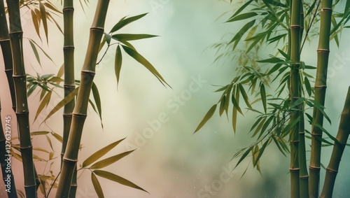 Green bamboo stalks with leaves against a softly blurred pastel background emphasizing nature and tranquility. photo