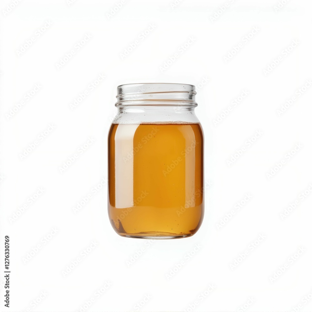 Glass Jar Filled with Golden Amber Liquid Content on a White Background Studio Shot Display Glass Jar Filled with Golden Amber Liquid Content on a White Background Studio Shot Display