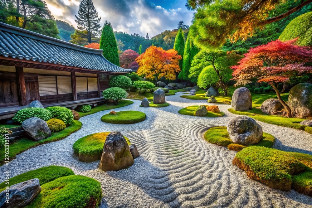 Fototapeta premium Serene Japanese Zen Garden: Meditation & Tranquility Stock Photo