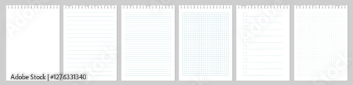 Collection of realistic paper sheets. Blank notebook pages of square and lined paper isolated on gray background