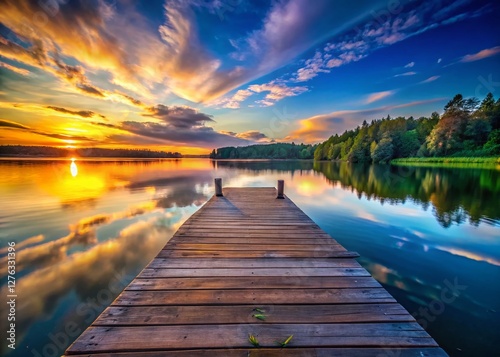 Serene Lakeside Pier at Sunset: High-Resolution Stock Photo