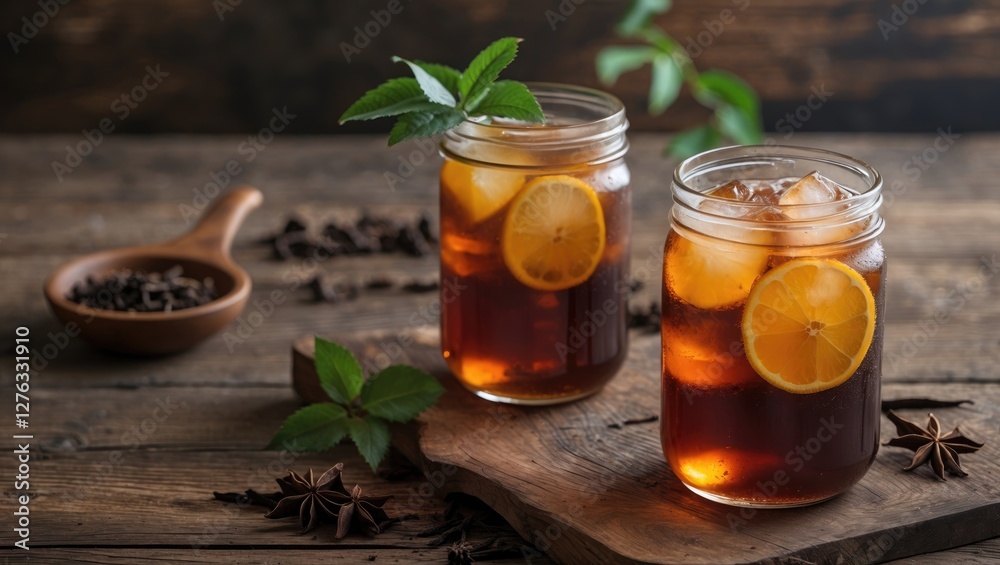 Iced tea with lemon slices and mint leaves served in mason jars on a rustic wooden table with spices in the background Iced tea with lemon slices and mint leaves served in mason jars on a rustic wooden table with spices in the background