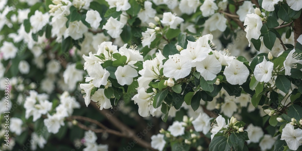 White flowering bush with lush green leaves in a natural light setting during spring or summer season. White flowering bush with lush green leaves in a natural light setting during spring or summer season.
