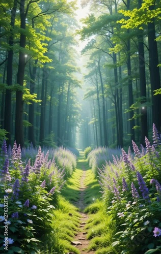 forest atmosphere with the sun gently shining on the trees