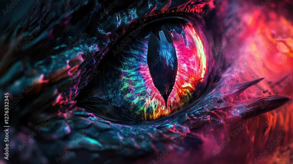Naklejka premium Close-up of a vibrant, mystical dragon eye with multicolored scales and glowing textures