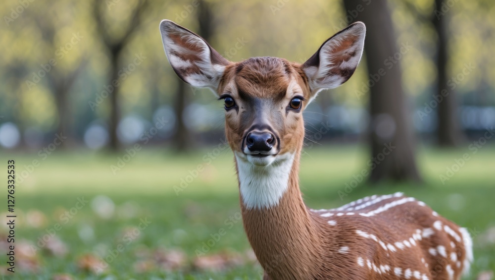 Young deer with distinctive spots standing in a green grassy area surrounded by trees in a natural outdoor setting Young deer with distinctive spots standing in a green grassy area surrounded by trees in a natural outdoor setting