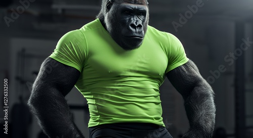 Gorilla Wearing Green T-shirt Posing at Gym Looking Serious