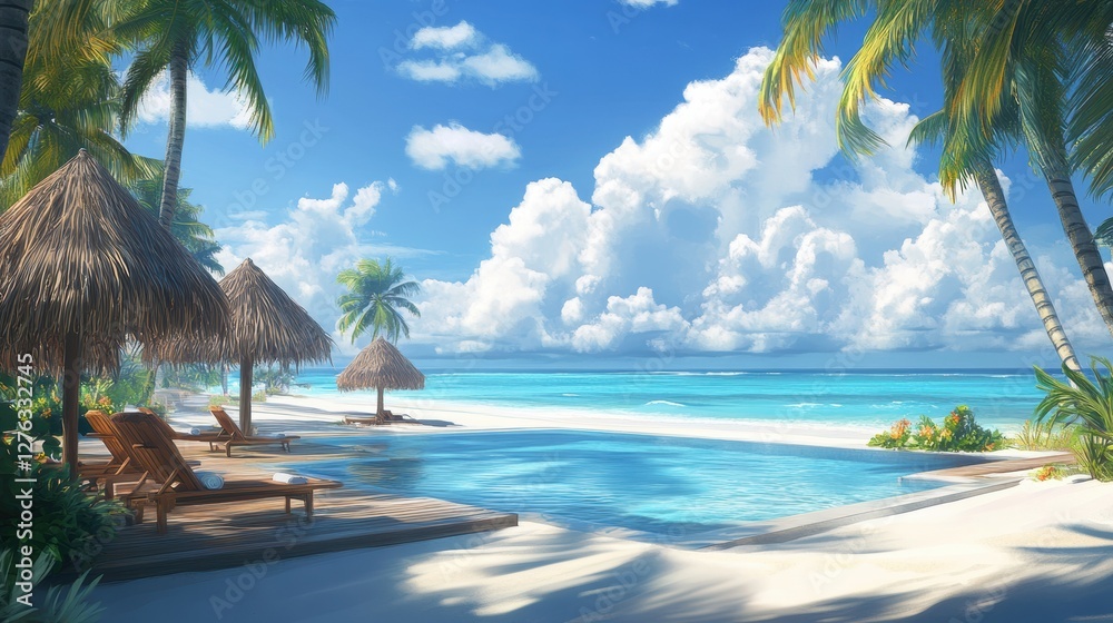 Fototapeta premium Tranquil Beach Resort with Thatched Umbrellas Palms and Pristine Turquoise Water Under Blue Sky