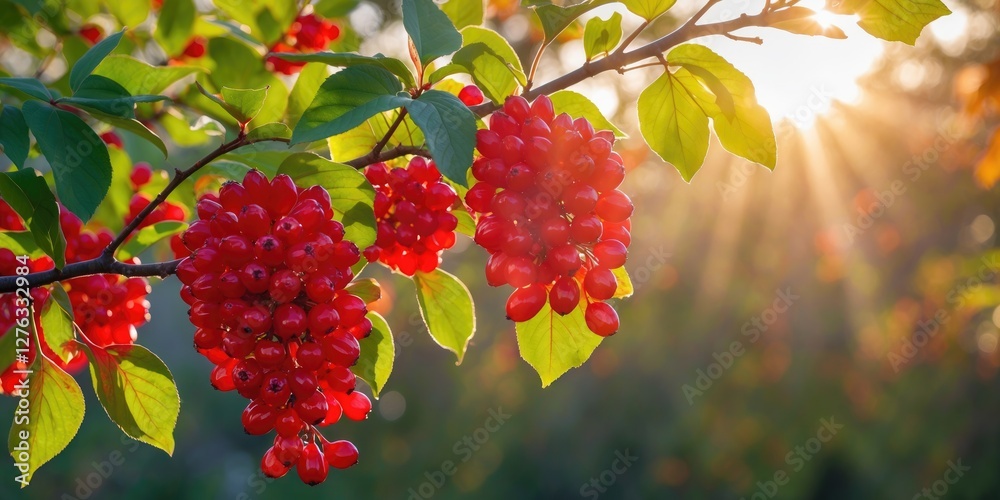 Bright red berries on a branch with green leaves and sunlight filtering through the background in a soft focus outdoor setting. Bright red berries on a branch with green leaves and sunlight filtering through the background in a soft focus outdoor setting.