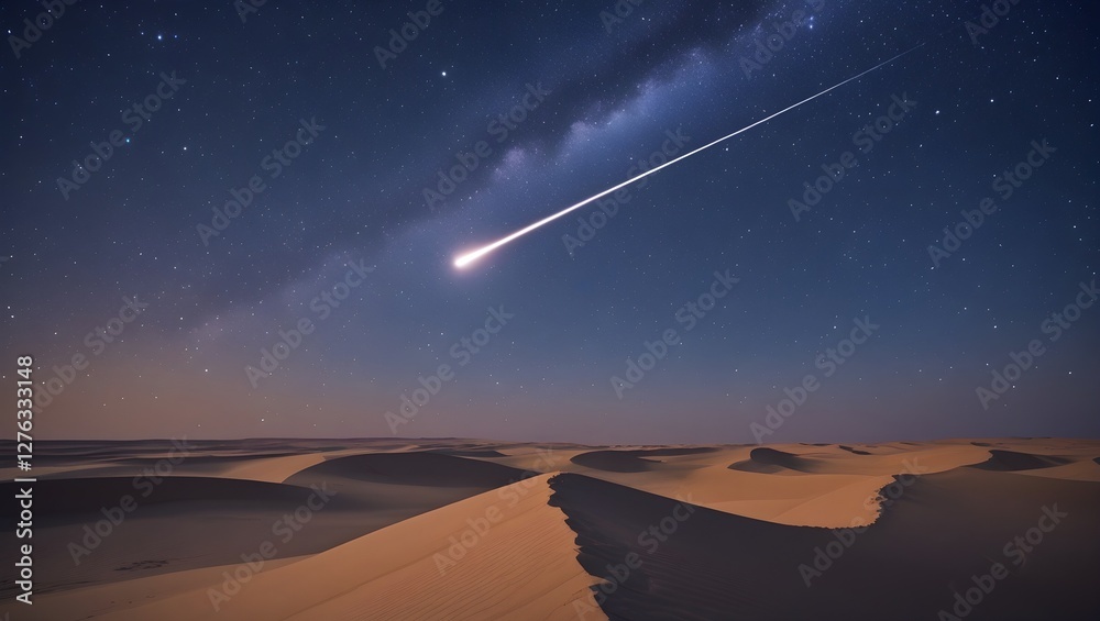 A breathtaking night scene shows a bright meteor streaking across a starry sky above tranquil sand dunes. This serene desert landscape captures the beauty of nature, ideal for cosmic themes. A breathtaking night scene shows a bright meteor streaking across a starry sky above tranquil sand dunes. This serene desert landscape captures the beauty of nature, ideal for cosmic themes.