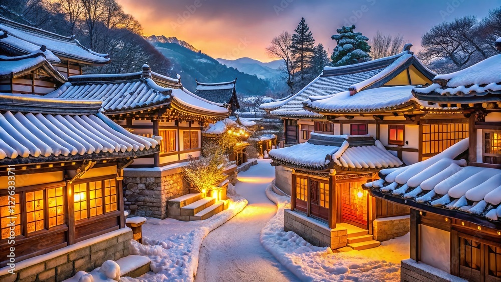 Serene Winter Scene at Namsangol Hanok Village, Seoul, South Korea Serene Winter Scene at Namsangol Hanok Village, Seoul, South Korea