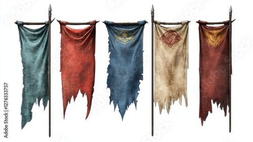 A set of icons for games. A mock-up of a medieval flag. Pennants with ragged edges. Isolated on a white background