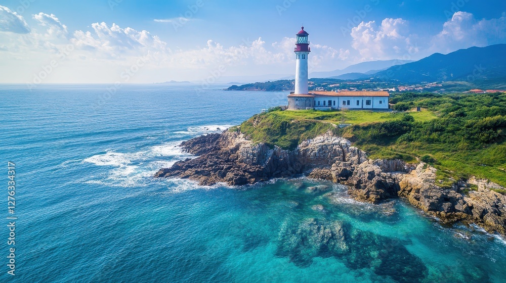 Scenic coastal lighthouse on rocky cliff overlooking blue ocean and sky