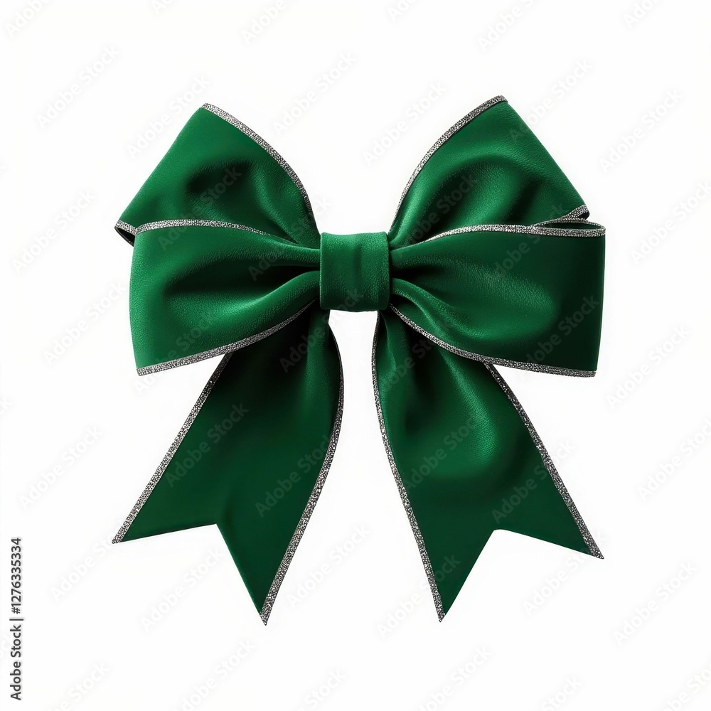Emerald Green Bow With Silver Glitter Trim For Holiday Decoration Or Gift Presentation Emerald Green Bow With Silver Glitter Trim For Holiday Decoration Or Gift Presentation