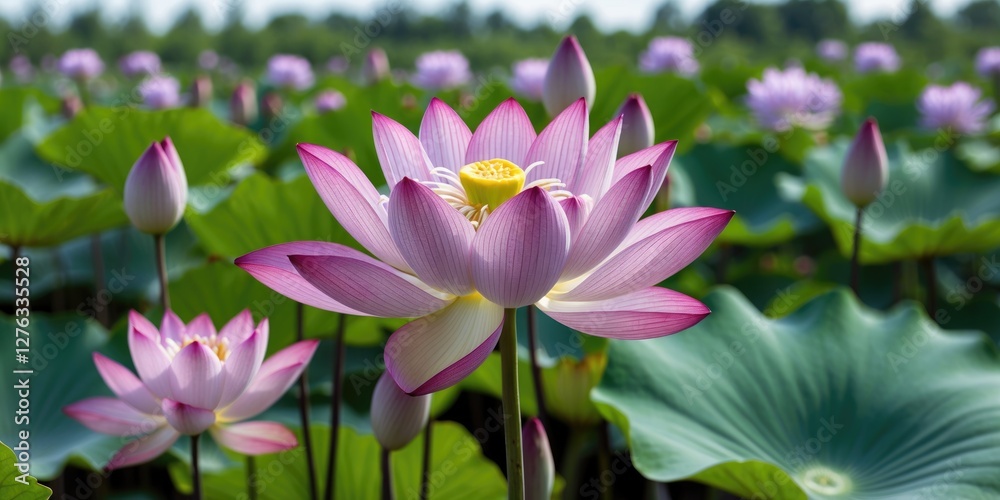 Lotus flowers in a pond surrounded by green leaves with soft pink and white petals under bright daylight Lotus flowers in a pond surrounded by green leaves with soft pink and white petals under bright daylight