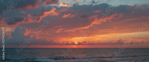 landscape photograph of a vibrant sunset over the ocean with colorful clouds and reflections on the water surface