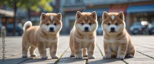 Three cute Shiba Inu puppies standing on a sidewalk in a playful outdoor setting with urban background.