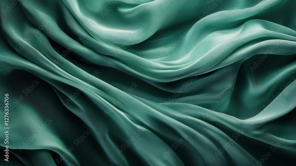 Elegant waves of green fabric creating a flowing textile pattern with luxurious texture Elegant waves of green fabric creating a flowing textile pattern with luxurious texture