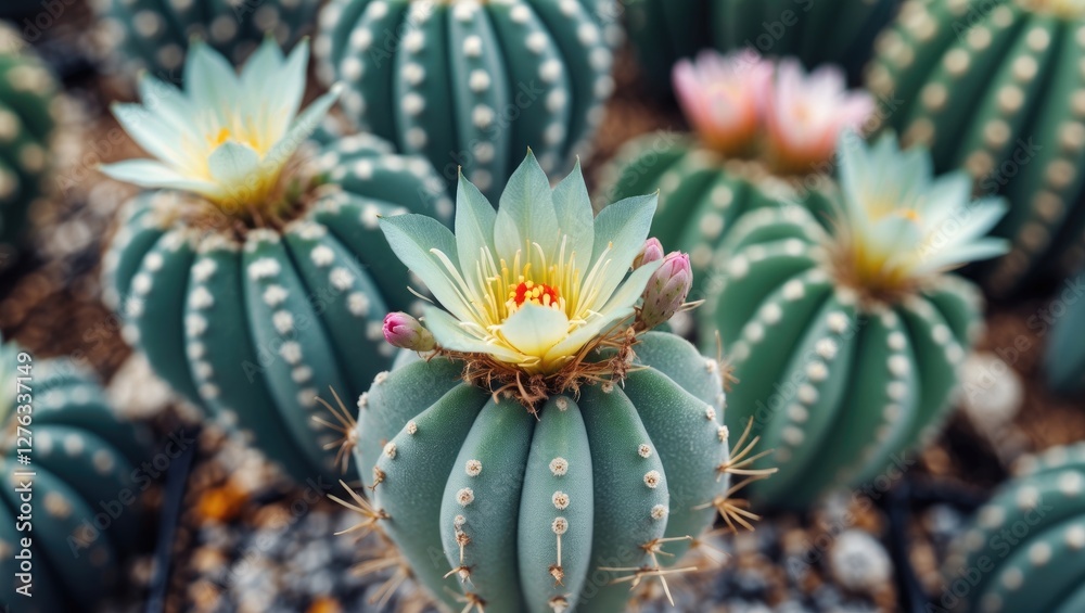 Fototapeta premium Cacti with vibrant flowers in a desert garden setting displaying green spines and unique shapes against a blurred background