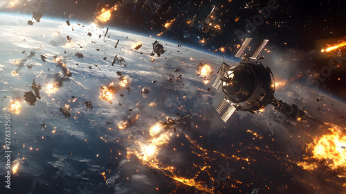Fototapeta Naklejka Na Ścianę i Meble -  A catastrophic space battle unfolds above Earth, with burning debris and exploding spacecraft filling the sky