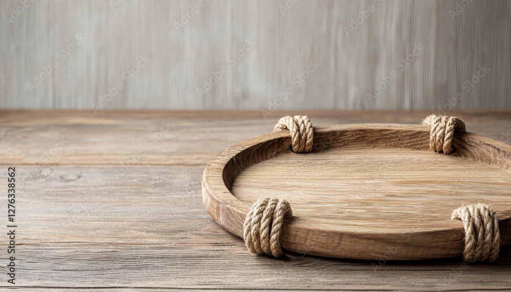 Obraz premium Blank wooden sign. Wooden serving tray with rope handles on a rustic wooden surface.